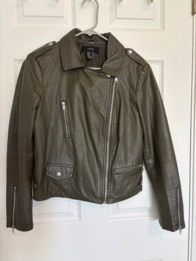 Forever 21 Olive Faux Leather Moto Jacket - Women's